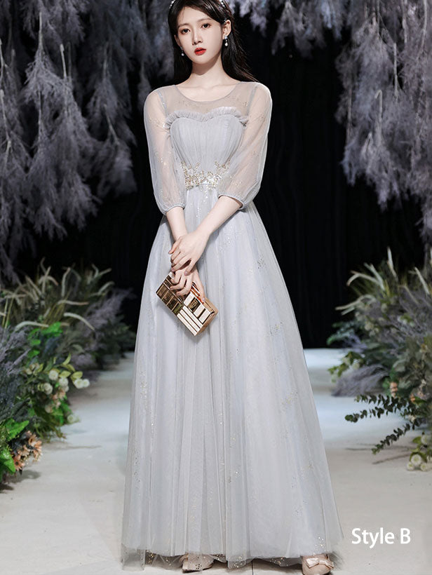 Gray Bridesmaids A-Line Shimmery Tulle Wedding Evening Dress