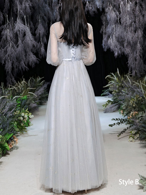 Gray Bridesmaids A-Line Shimmery Tulle Wedding Evening Dress