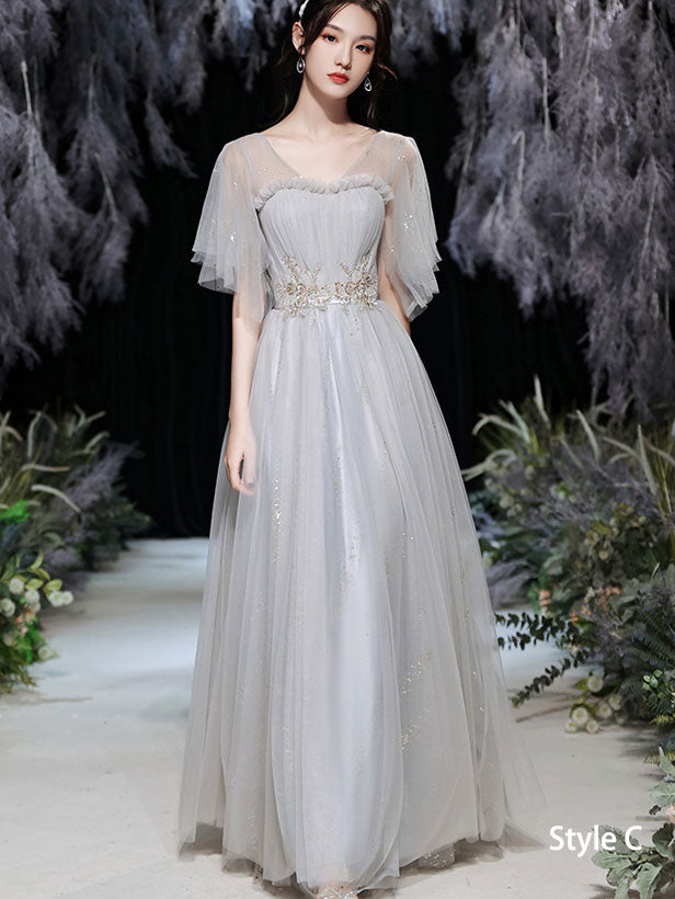Gray Bridesmaids A-Line Shimmery Tulle Wedding Evening Dress