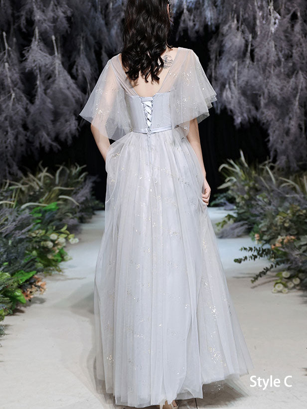 Gray Bridesmaids A-Line Shimmery Tulle Wedding Evening Dress