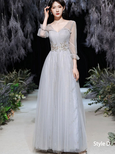 Gray Bridesmaids A-Line Shimmery Tulle Wedding Evening Dress