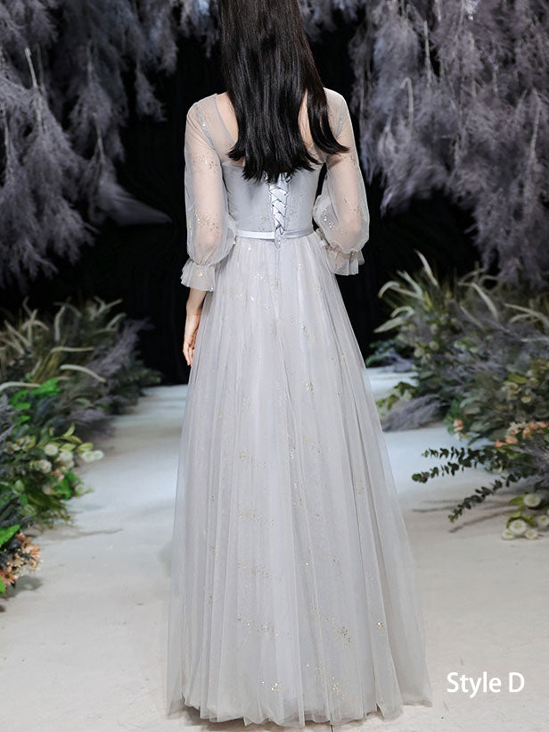 Gray Bridesmaids A-Line Shimmery Tulle Wedding Evening Dress