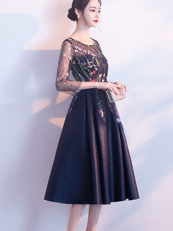 Blue Floral Midi Illusion A-Line Prom Dress