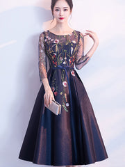 Blue Floral Midi Illusion A-Line Prom Dress