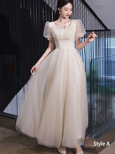 Beige Shimmery Bridesmaids A-Line Tulle Wedding Party Dress