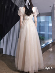 Beige Shimmery Bridesmaids A-Line Tulle Wedding Party Dress