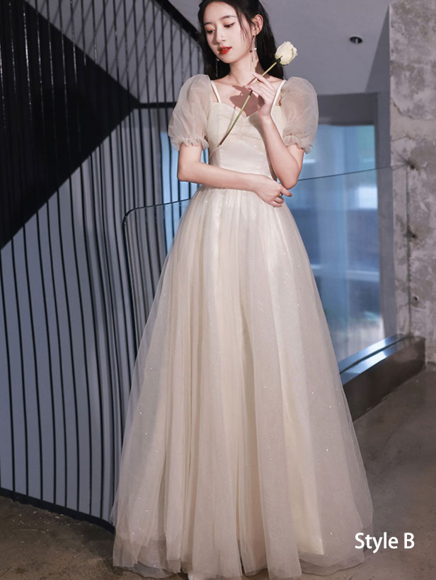 Beige Shimmery Bridesmaids A-Line Tulle Wedding Party Dress