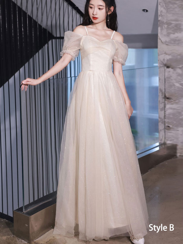 Beige Shimmery Bridesmaids A-Line Tulle Wedding Party Dress