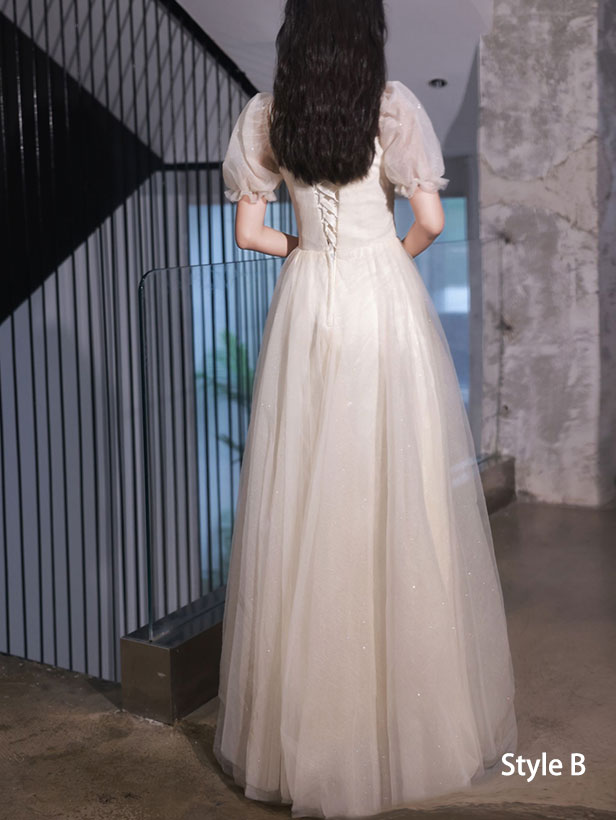 Beige Shimmery Bridesmaids A-Line Tulle Wedding Party Dress