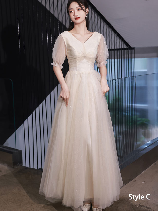Beige Shimmery Bridesmaids A-Line Tulle Wedding Party Dress