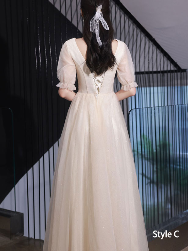 Beige Shimmery Bridesmaids A-Line Tulle Wedding Party Dress