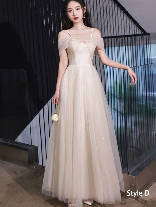 Beige Shimmery Bridesmaids A-Line Tulle Wedding Party Dress