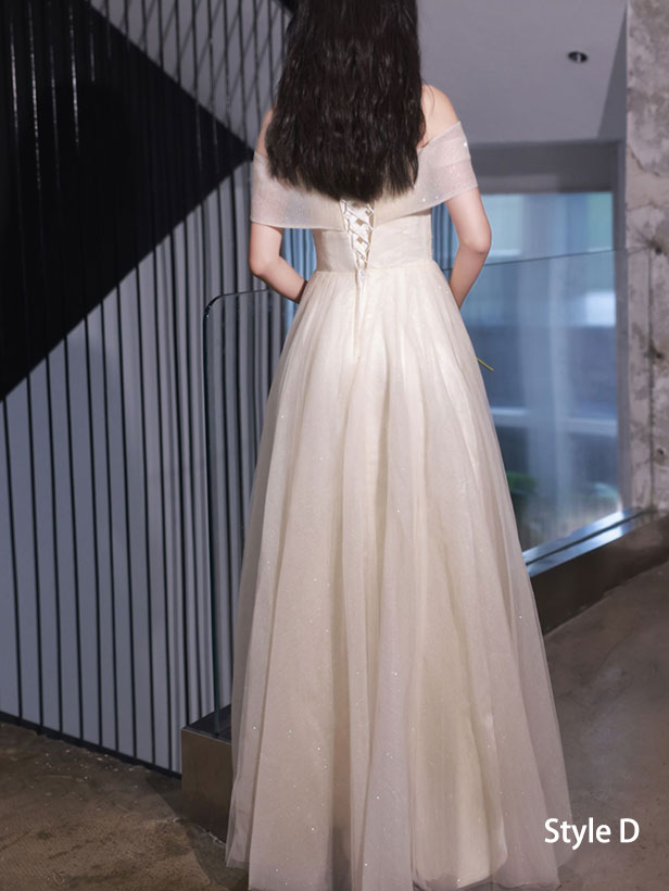 Beige Shimmery Bridesmaids A-Line Tulle Wedding Party Dress