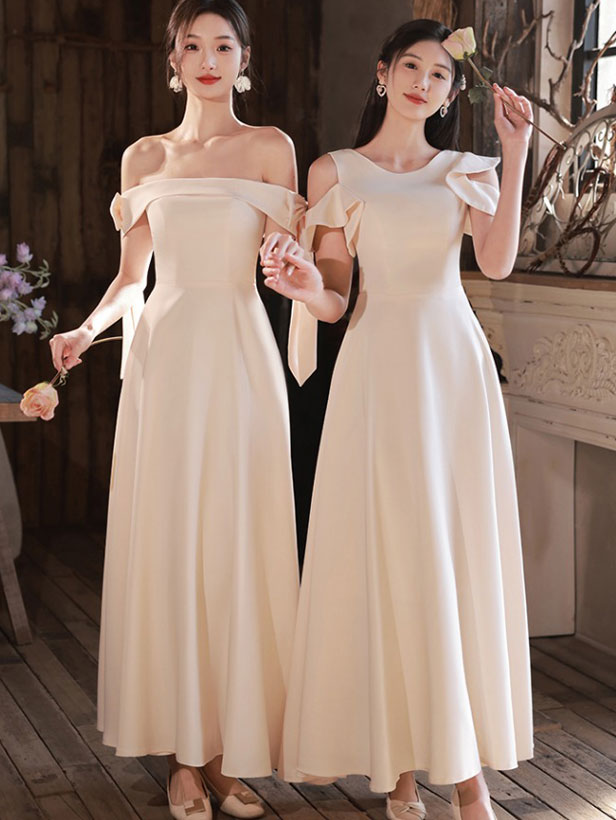 Beige Fit & Flare A-Line Bridesmaids Wedding Party Dress