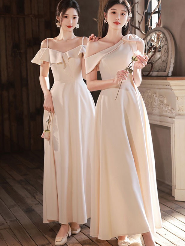 Beige Fit & Flare A-Line Bridesmaids Wedding Party Dress