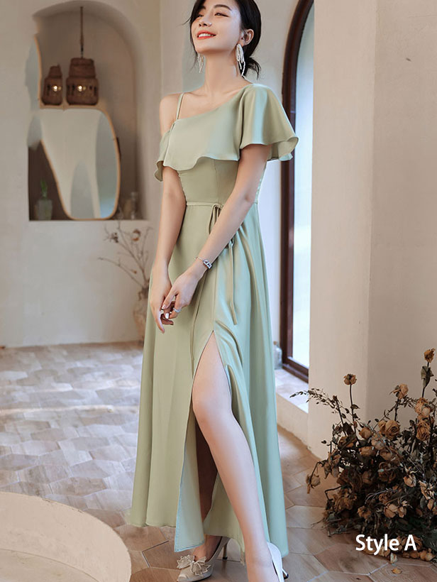 Green Thigh Split A-Line Bridesmaids Wedding Party Dress