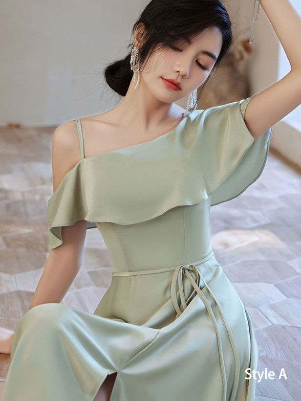 Green Thigh Split A-Line Bridesmaids Wedding Party Dress