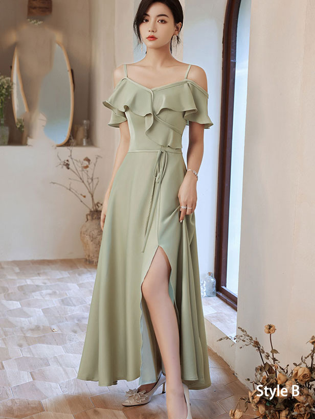 Green Thigh Split A-Line Bridesmaids Wedding Party Dress