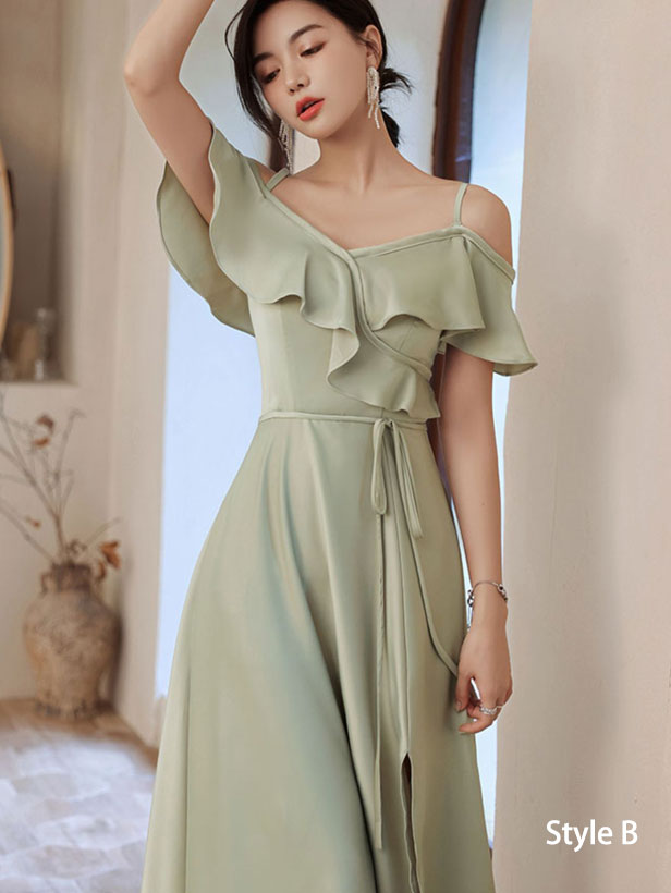 Green Thigh Split A-Line Bridesmaids Wedding Party Dress