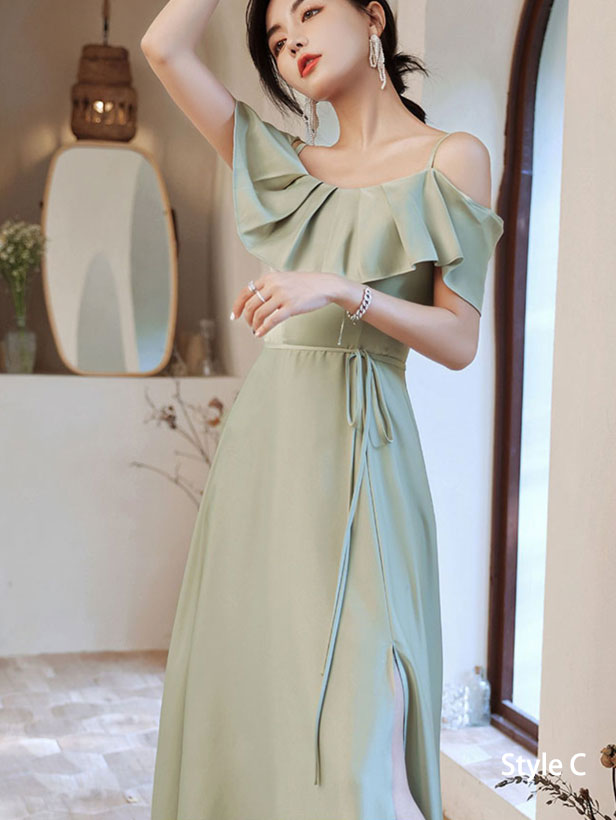 Green Thigh Split A-Line Bridesmaids Wedding Party Dress