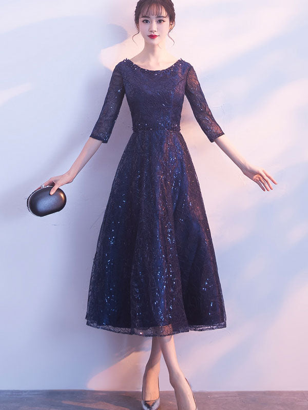Sequined Blue Lace Midi A-Line Mothers Midi Party Dress