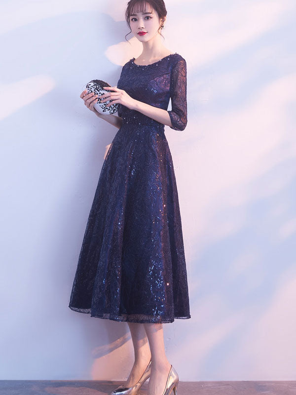 Sequined Blue Lace Midi A-Line Mothers Midi Party Dress