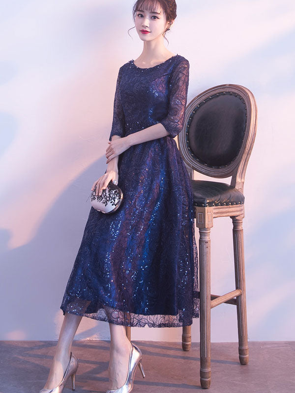 Sequined Blue Lace Midi A-Line Mothers Midi Party Dress