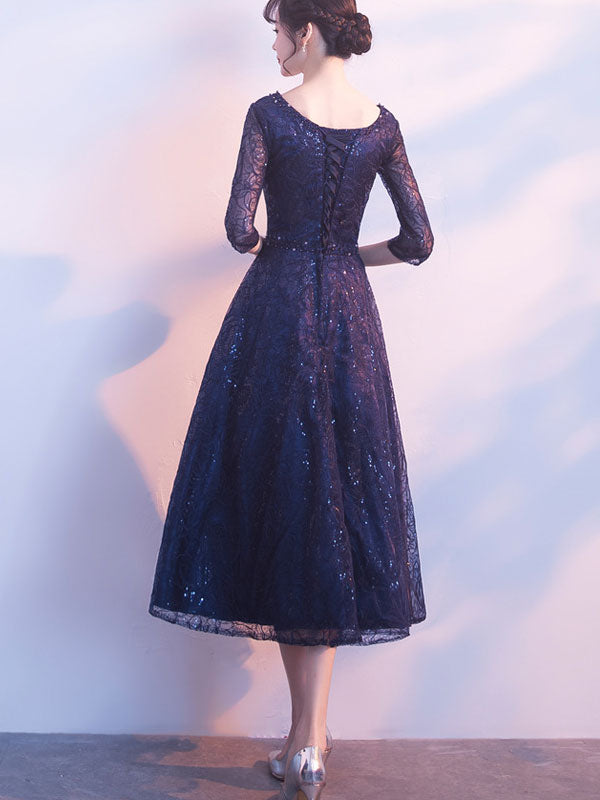 Sequined Blue Lace Midi A-Line Mothers Midi Party Dress