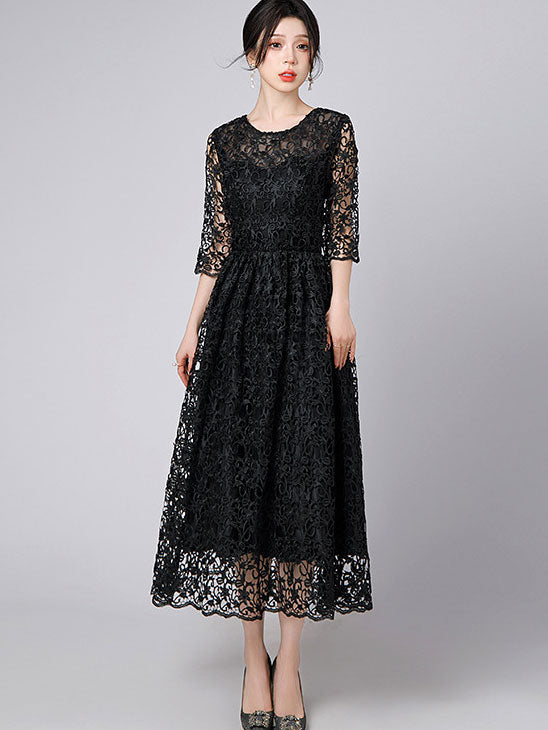 Black Lace Illusion A-Line Maxi Prom Dress