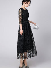 Black Lace Illusion A-Line Maxi Prom Dress