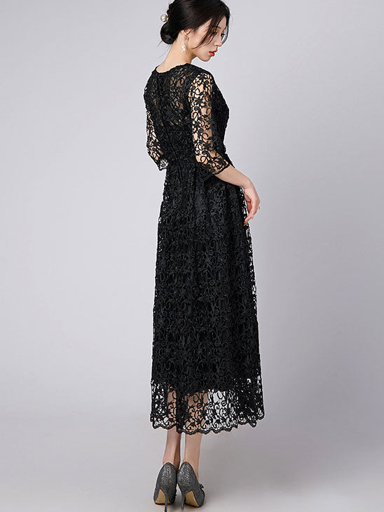 Black Lace Illusion A-Line Maxi Prom Dress
