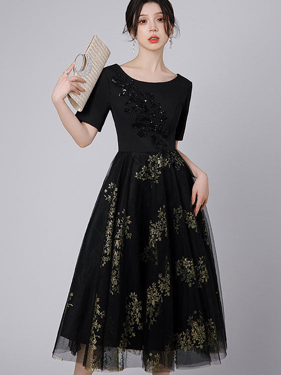Black Floral Tulle Midi A-Line Prom Dress