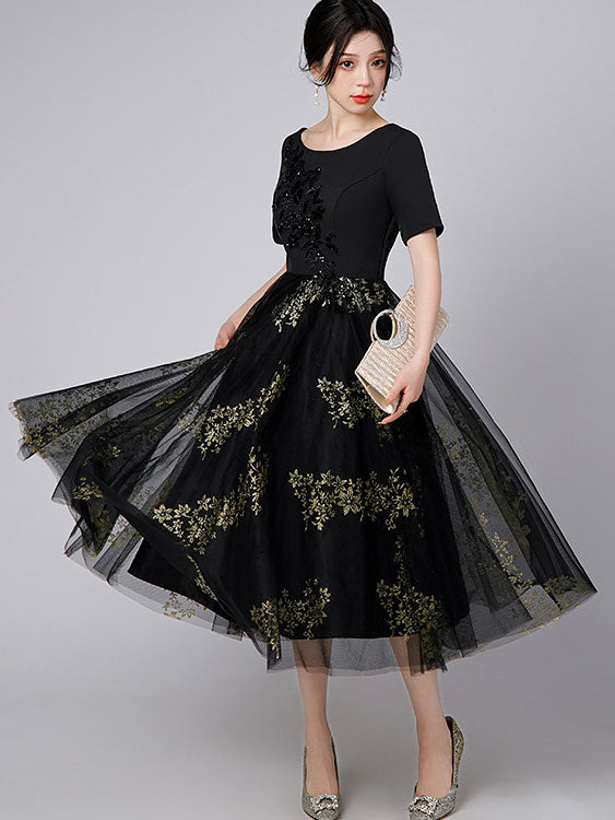 Black Floral Tulle Midi A-Line Prom Dress