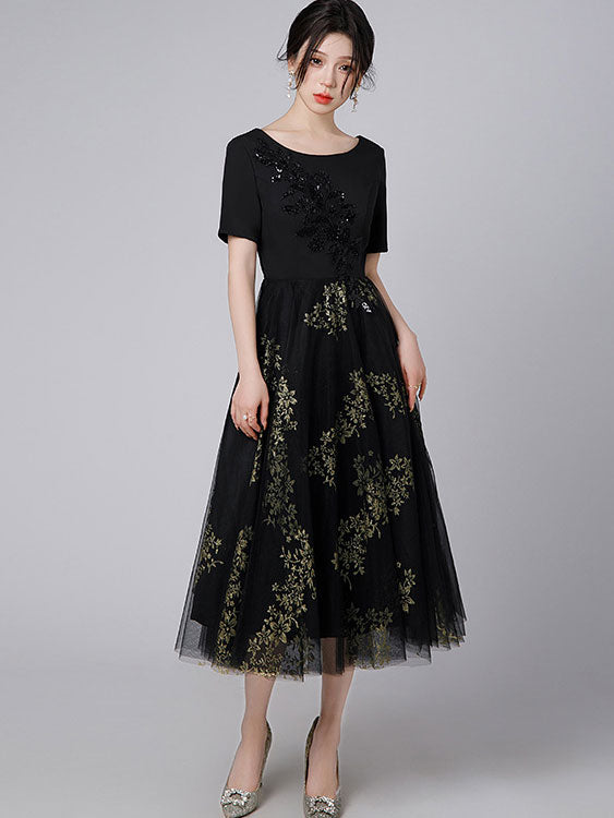 Black Floral Tulle Midi A-Line Prom Dress