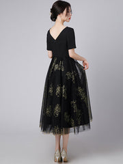 Black Floral Tulle Midi A-Line Prom Dress