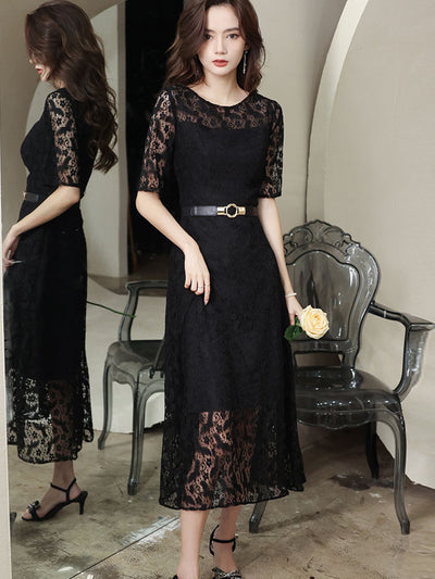 Black Lace Midi Illusion A-Line Belt Prom Dress