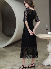 Black Lace Midi Illusion A-Line Belt Prom Dress