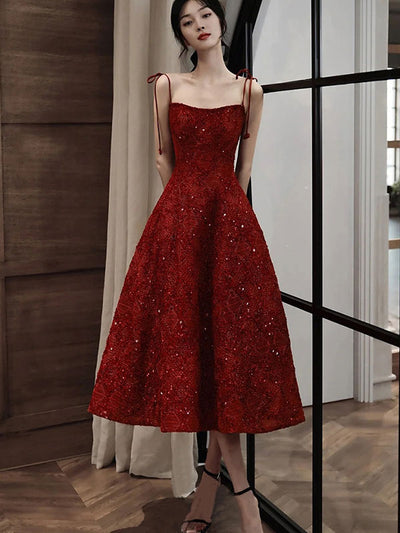 Red Sequined Tie Strap Midi A-Line Slip Prom Dress