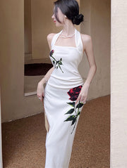 White Rose Print Halter Pencil Dress