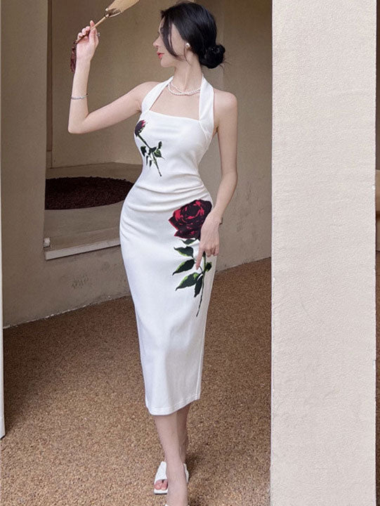 White Rose Print Halter Pencil Dress