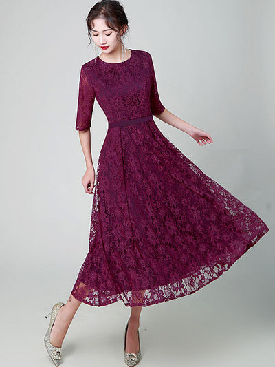 Purple Black Midi A-Line Lace Prom Dress