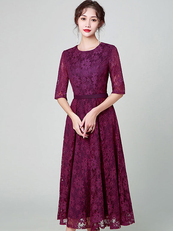 Purple Black Midi A-Line Lace Prom Dress