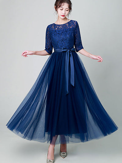 Blue Black A-Line Tulle Maxi Prom Dress