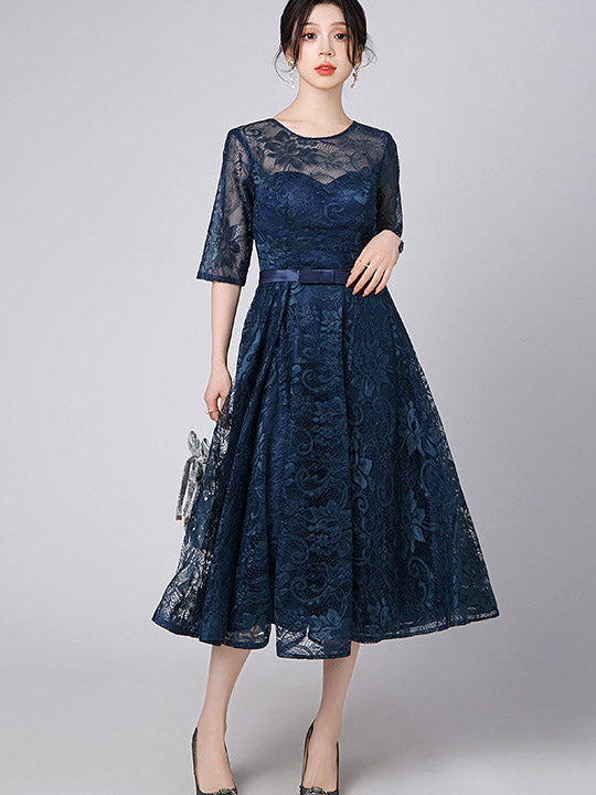 Gray Blue Floral Lace Midi A-Line Party Dress