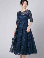 Gray Blue Floral Lace Midi A-Line Party Dress