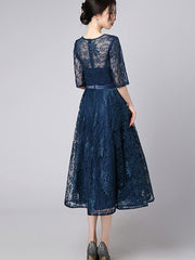 Gray Blue Floral Lace Midi A-Line Party Dress