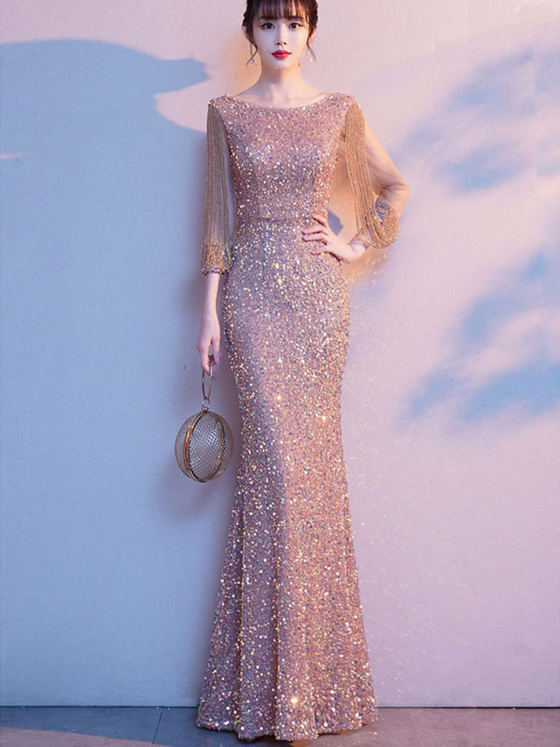 Sequins Boat Neck Beads Sleeve Mermaid Fishtail Dress