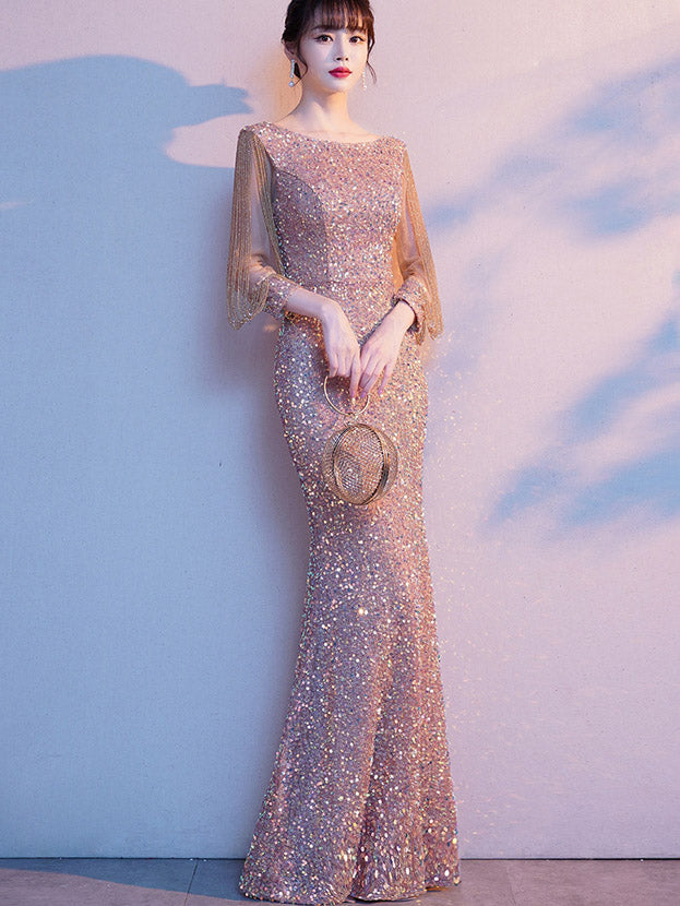 Sequins Boat Neck Beads Sleeve Mermaid Fishtail Dress - IMALLURE imallure Sequins Boat Neck Beads Sleeve Mermaid Fishtail Dress - IMALLURE imallure