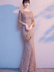 Sequins Boat Neck Beads Sleeve Mermaid Fishtail Dress