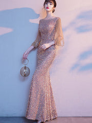 Sequins Boat Neck Beads Sleeve Mermaid Fishtail Dress